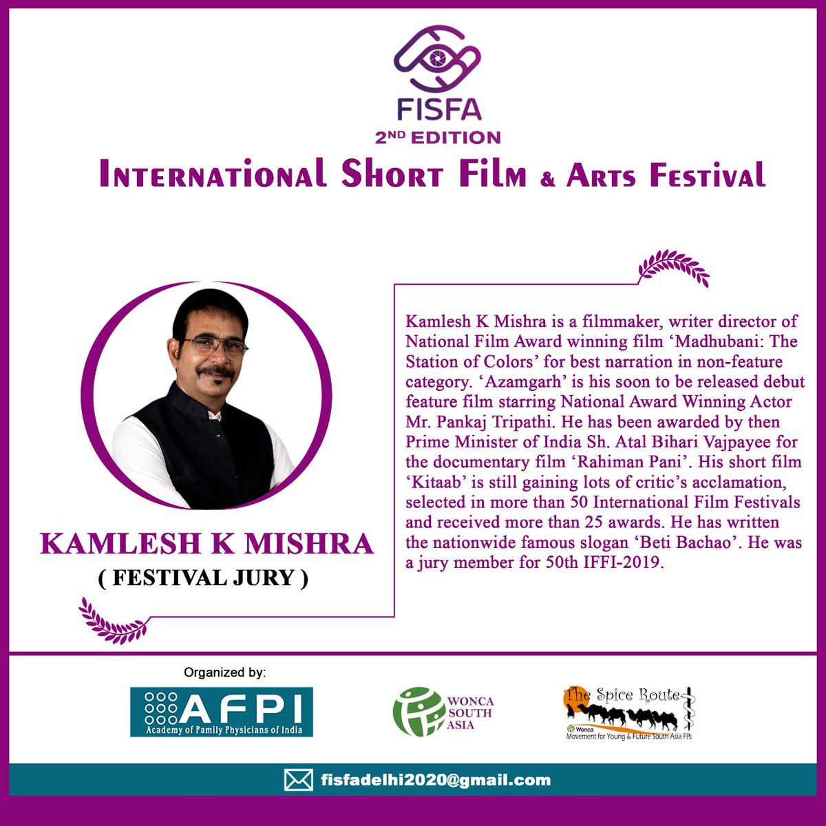 FISFAIndia's tweet photo. Meet our  Jury. Kamlesh K Mishra is a filmmaker, writer-director of National Film  Award winning film ‘Madhubani: The Station of Colors’. He is also the director of feature film  'Azamgarh' featuring actor Pankaj Tripathi. @KamleshMishra2 
https://t.co/gaNGafy8tI https://t.co/IL93qFoDDo