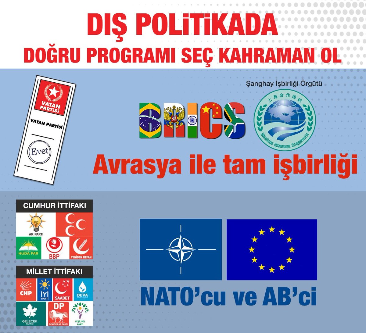 Dış politikada hepsi NATO'cu, hepsi AB'ci.

Vatan Partisi, Yükselen Asya'da tam bağımsızlıktan yana. 

Cesur ol, kahraman ol!
Meclis seçiminde Vatan Partisi'ne oy ver!