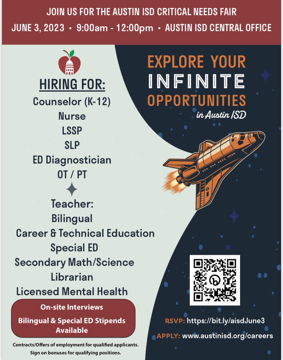 Join Austin Independent School District for our Critical Needs Career Fair.
▪️ Saturday, 03 June 2023
▪️Austin ISD Central Office
▪️9:00 AM - 12:00 PM
Sign-on Bonuses for newly hired bilingual teachers! 
RSVP: bit.ly/aisdJune3