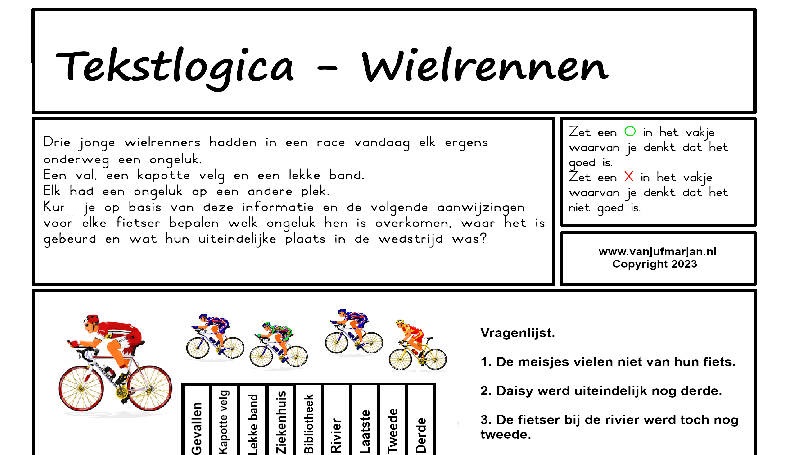 Deze tekstlogica wielrennen is overduidelijk met het thema sport. Misschien zijn er wel kinderen die van wielrennen houden of graag naar wielrennen kijken zoals tijdens de Giro  of de tour de France. Dit keer is het niet zo'n moeilijke tekstlogica.

vanjufmarjan.nl/2023/05/13/tek…
