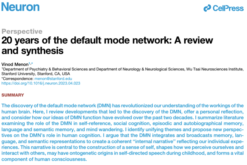 Ian Shih (@shihyyi) on Twitter photo "DMN combines episodic memory, language, and semantic memory processes to generate an ongoing internal narrative and subjective continuity of internal mental thoughts", see new article from our close collaborator Dr. Vinod Menon <a href="/Stanford_CoSyNe/">Stanford Cognitive & Systems Neuroscience Lab</a>: doi.org/10.1016/j.neur… "DMN combines episodic memory, language, and semantic memory processes to generate an ongoing internal narrative and subjective continuity of internal mental thoughts", see new article from our close collaborator Dr. Vinod Menon <a href="/Stanford_CoSyNe/">Stanford Cognitive & Systems Neuroscience Lab</a>: doi.org/10.1016/j.neur…