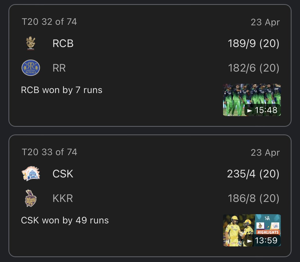Last time RR vs RCB was a day game and KKR vs CSK was a night game