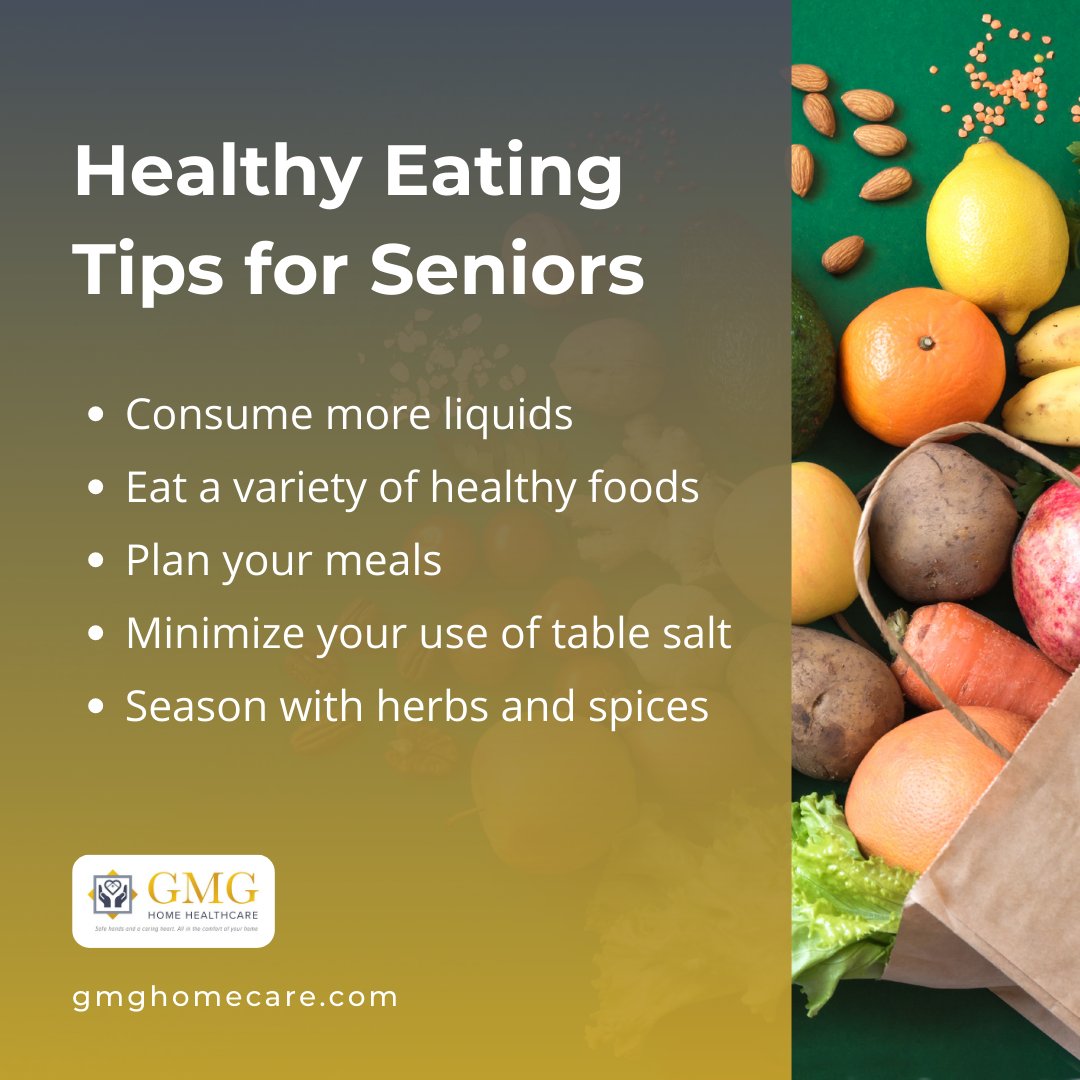 Help ensure your overall health as you age with these healthy eating tips. You can help ensure your overall well-being over time, by making smart, healthy eating choices.

#stayhealthy #healthyhabit #foodchoice #elder #homecare #feeding #GMGHomehealthcare #seniorcare #caregiver