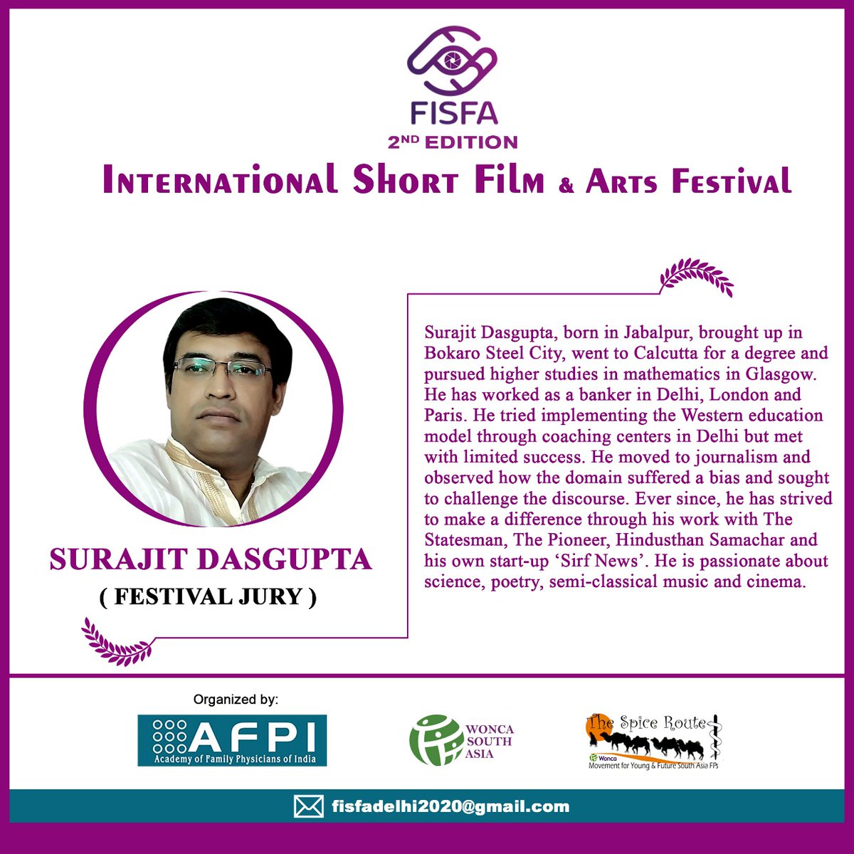 FISFAIndia's tweet photo. Meet our Jury. Surajit Dasgupta is a journalist who is passionate about science, poetry, semi-classical music and cinema. @surajitdasgupta
https://t.co/gaNGafy8tI https://t.co/5uCXvY2ygz