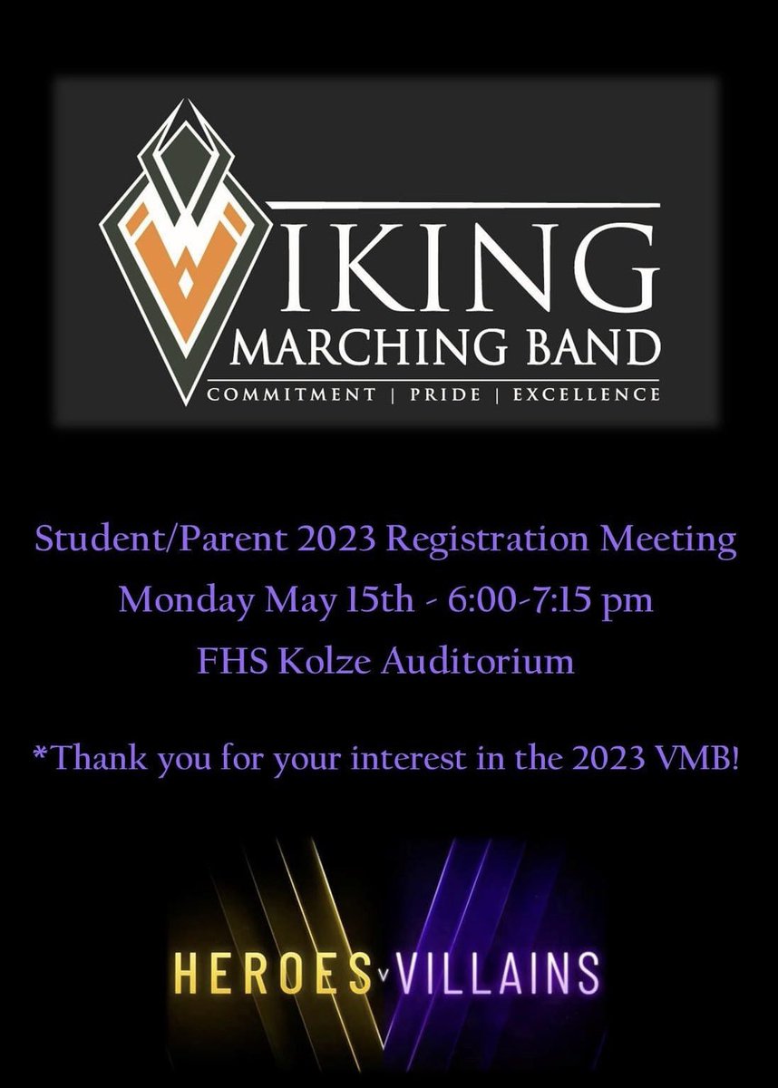 Viking Marching Band (@fremdvmb) on Twitter photo Fremd Band families! Please join us this Monday May 15th at 6:00 pm (Kolze Auditorium) for our VMB 2023 student/parent registration meeting. All interested woodwind, brass, drumline, or front ensemble students should attend. Thanks! #FHSspirit #MakeMusicAtFremd Fremd Band families! Please join us this Monday May 15th at 6:00 pm (Kolze Auditorium) for our VMB 2023 student/parent registration meeting. All interested woodwind, brass, drumline, or front ensemble students should attend. Thanks! #FHSspirit #MakeMusicAtFremd