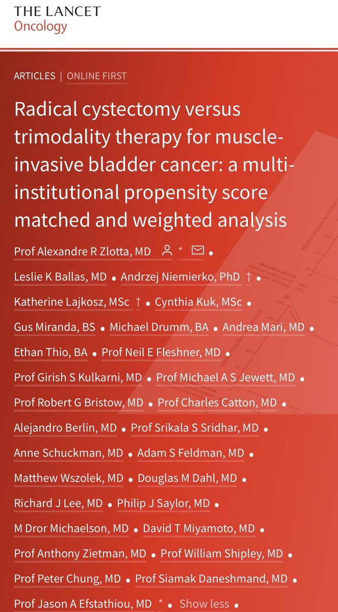 In well selected patients - solitary tumors < 7 cm, no or unilateral hydronephrosis, minimal CIS - results with TMT are comparable to Radical Cystectomy #patientchoice #bladdercancer #BladderCancerMonth23 thelancet.com/journals/lanon… @TheLancetOncol @BladderCancerUS