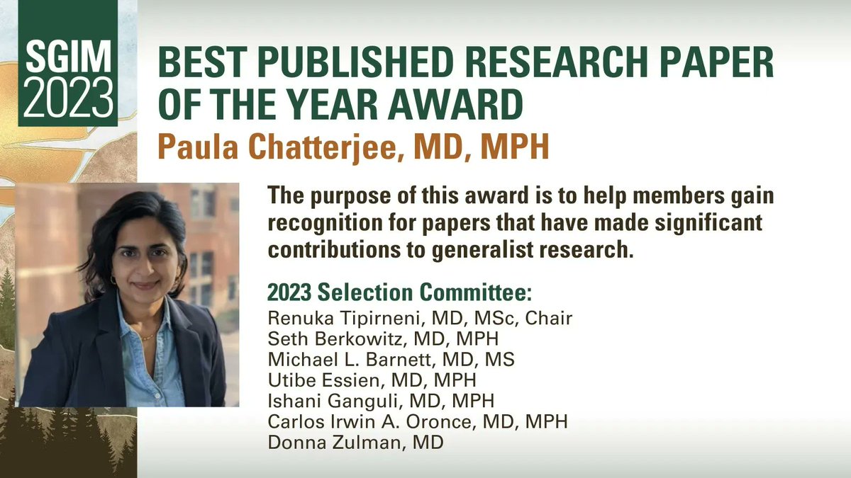 SGIM (@societygim) on Twitter photo Please join us in congratulating Paula Chatterjee, MD, MPH, recipient of this year's Best Published Research Paper of the Year Award! Congratulations, Paula! #SGIM23 <a href="/ChatterjeePaula/">Paula Chatterjee</a> Please join us in congratulating Paula Chatterjee, MD, MPH, recipient of this year's Best Published Research Paper of the Year Award! Congratulations, Paula! #SGIM23 <a href="/ChatterjeePaula/">Paula Chatterjee</a>
