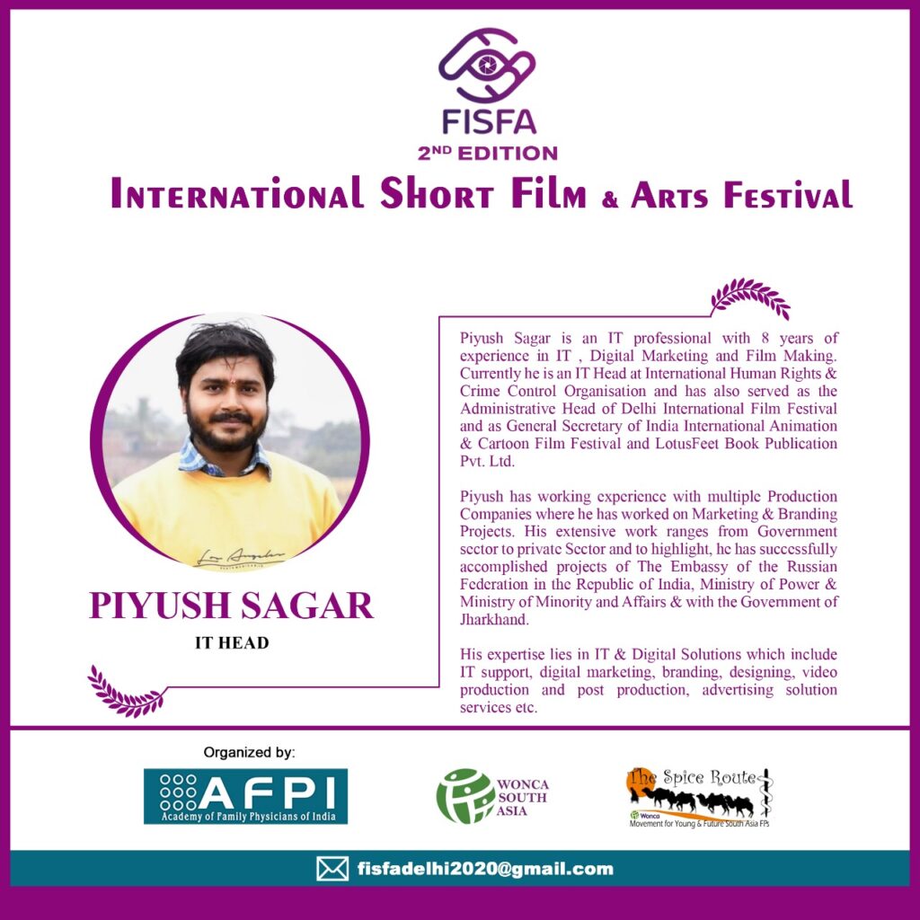 FISFAIndia's tweet photo. Meet our Festival Designer. Piyush Sagar has a vast experience in IT, Digital Marketing and Film-making, branding, designing etc. @Piyushsagarr 
https://t.co/gaNGafy8tI https://t.co/BXkHwSgLk6