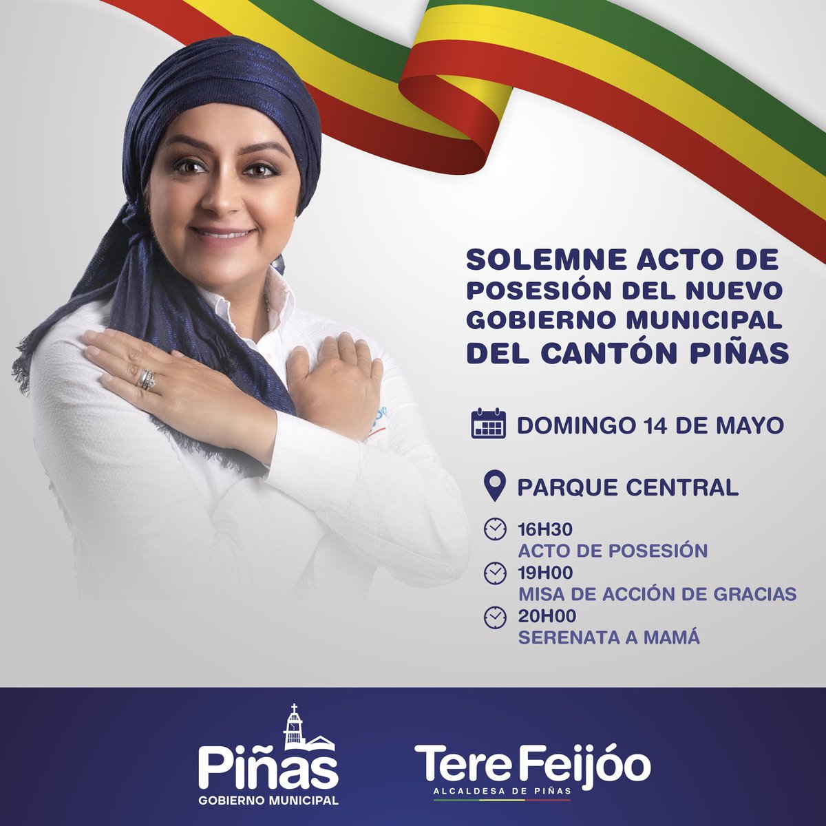 tere_feijoo's tweet photo. ¡Piñasienses, los invito a todos al acto de posesión del nuevo Gobierno Municipal de Piñas! Acompáñanos en este importante evento mientras juntos trabajamos por el bienestar de nuestra ciudad. #PiñasSomosTodos https://t.co/ztTSl2ZYcH