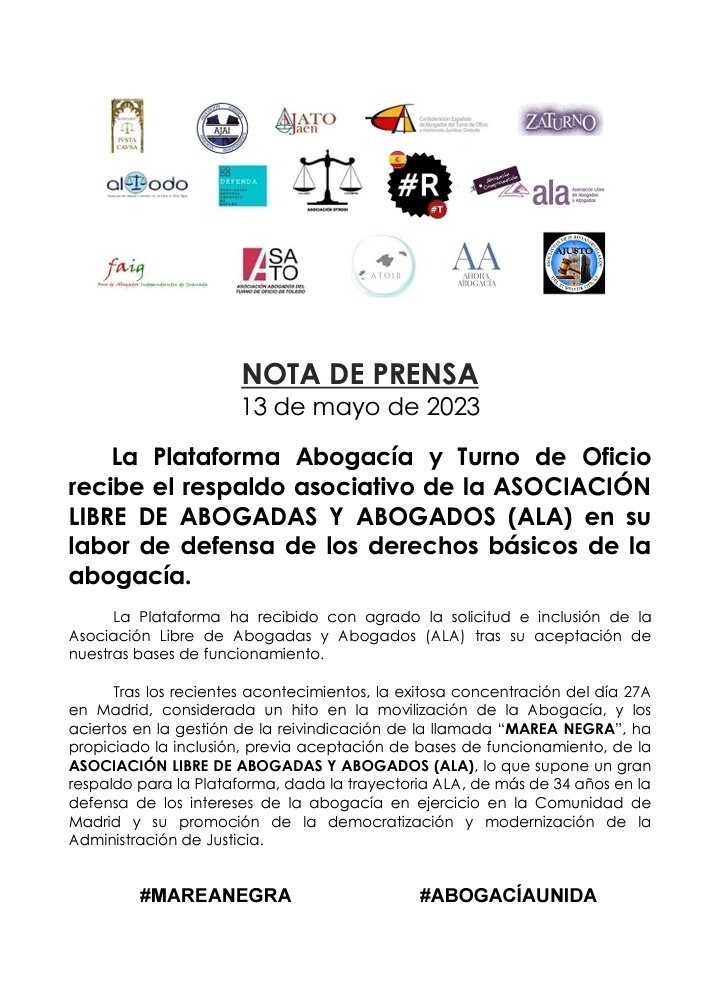 AbogaciayTurno's tweet photo. COMUNICADO 13-5-2023:
Se incorpora a la Plataforma la Asociación Libre de Abogadas y Abogados (ALA) https://t.co/cxodTrIBsp