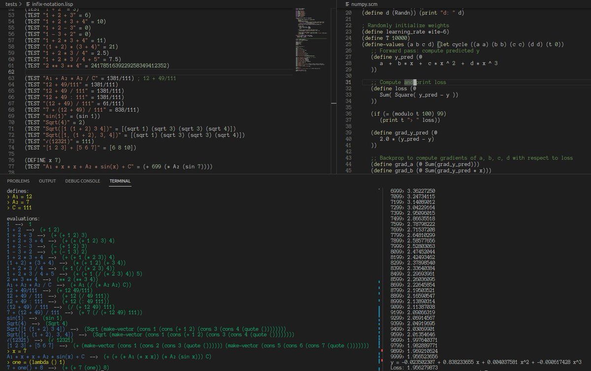 #lisp #Scheme

I'm working on an "infix notation" macro that adds the infix math notation to #Ol. `a + b * x + c * x ^ 2` is much more readable than `(+ (+ a (* b x)) (* c (^ x 2)))`.

It's the only thing keeping Ol from becoming a truly ideal language.
github.com/yuriy-chumak/l…