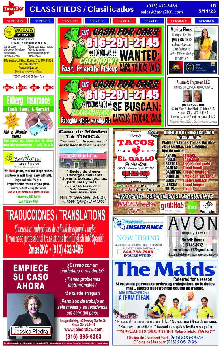 APROVECHA los #servicios y #empleos que te ofrecen #cashforcars, #themaids, #cindynotary, #2mas2KC, #fusioninsurance y #JessicaLaw