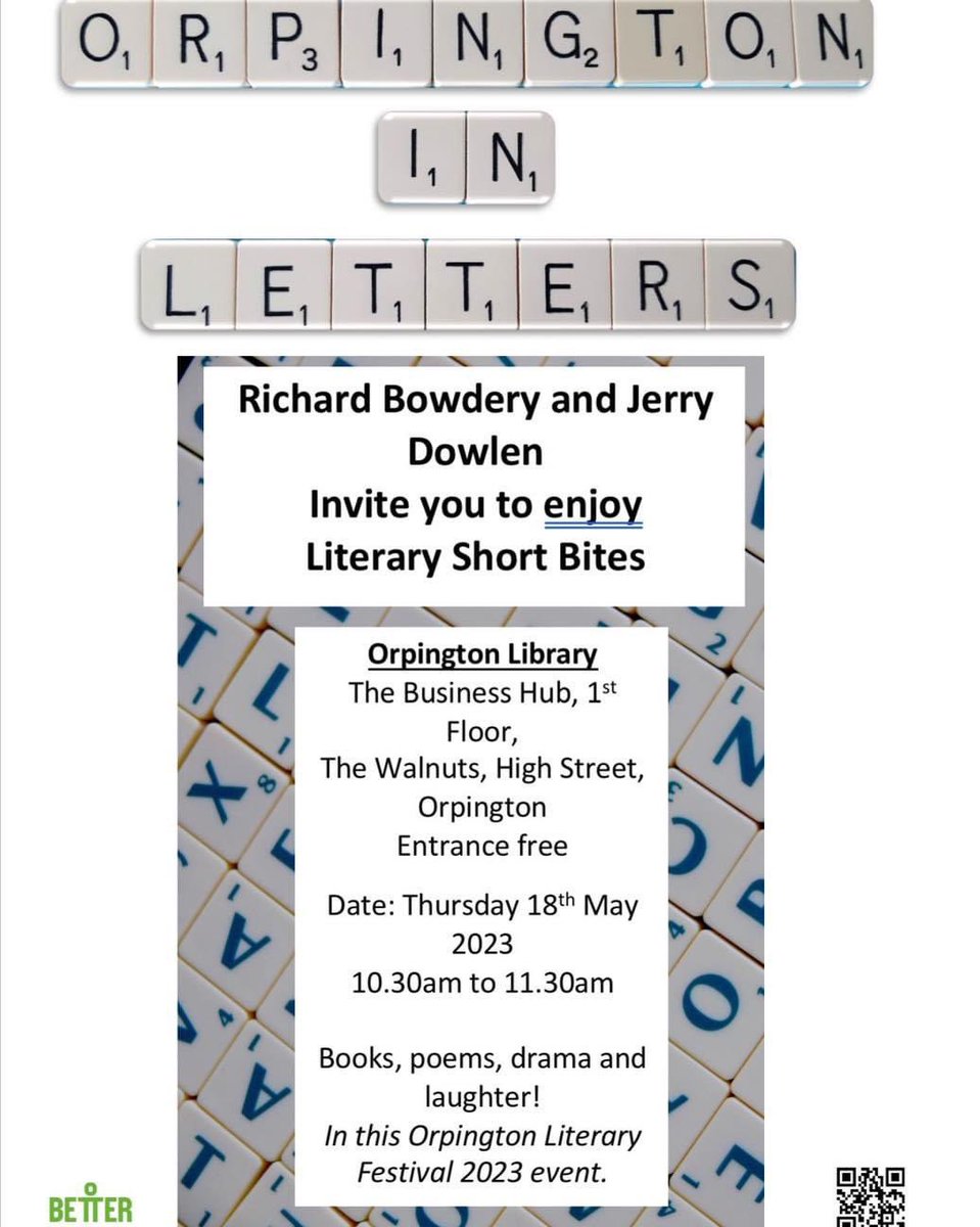 Come to #orpingtonlibrary for Orpington in Letters literary Short Bites, Thursday 18th May 10:30-11.30am. Book here: orpington1st.co.uk/visiting/orpin… or ring the library on 01689 831551 #OrpingtonLiteraryFestival @Orpington1st @LBofBromley @Better_UK @LDNLibraries