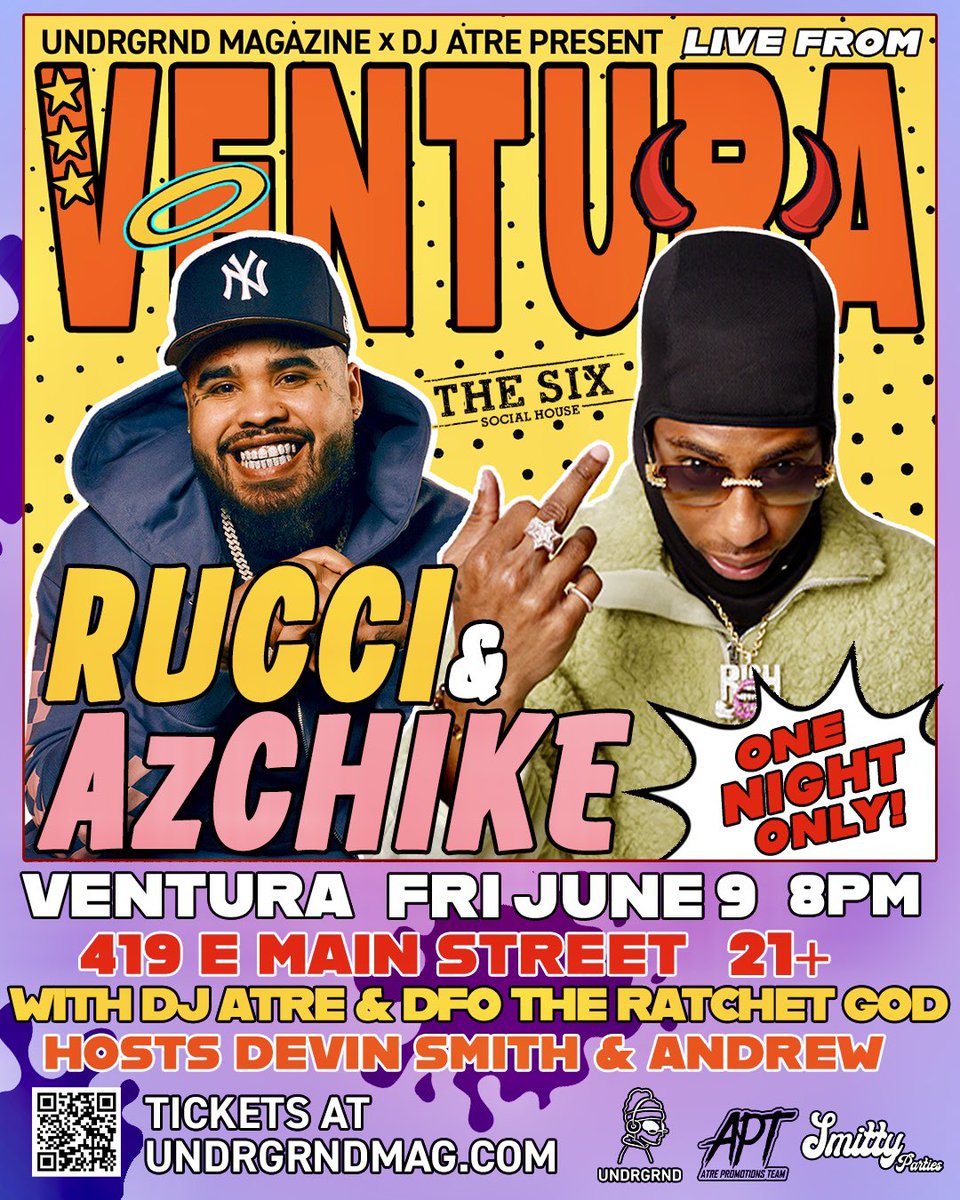 VENTURA CALIF 🌴
JUNE 9TH
<a href="/AzChike/">CHIZZLE 💎</a> 😈
<a href="/INGRucci/">dawgybone</a> 😇
805, y’all ready for round✌️?

🗓 June 9th
📍 The Six Chow House 
(Main Street Downtown Ventura)

TIX 🎟 undrgrndmag.com/store/p/june-9… 🎟

w/ <a href="/djatre/">Dj Atre</a> <a href="/devintsmith4/">Devin Smith 🎙🗣</a> <a href="/trappofsky/">Pofsky</a> <a href="/andrewmason54/">Andrew Mason</a> + MORE‼️
