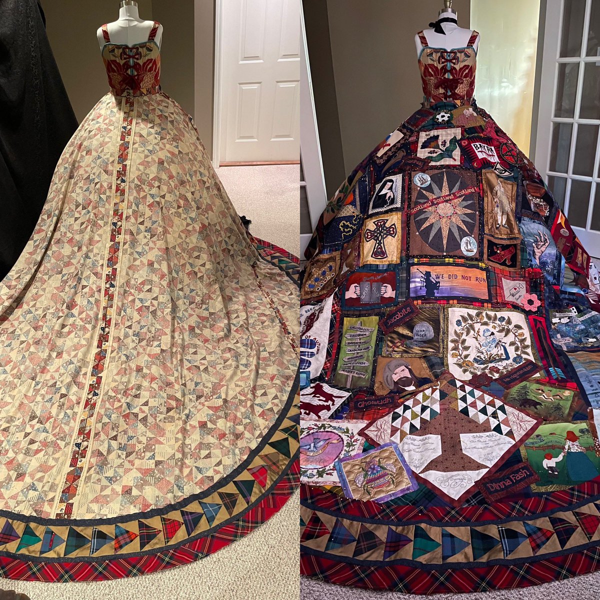 Progress pics: View on left is the skirt foundation that I made. (Inside out). I then made the border edging. View on right is my #Outlander themed patchwork blocks pinned in place ready to be hand sewn. #kylanderkouture #costume #originalart #tartan