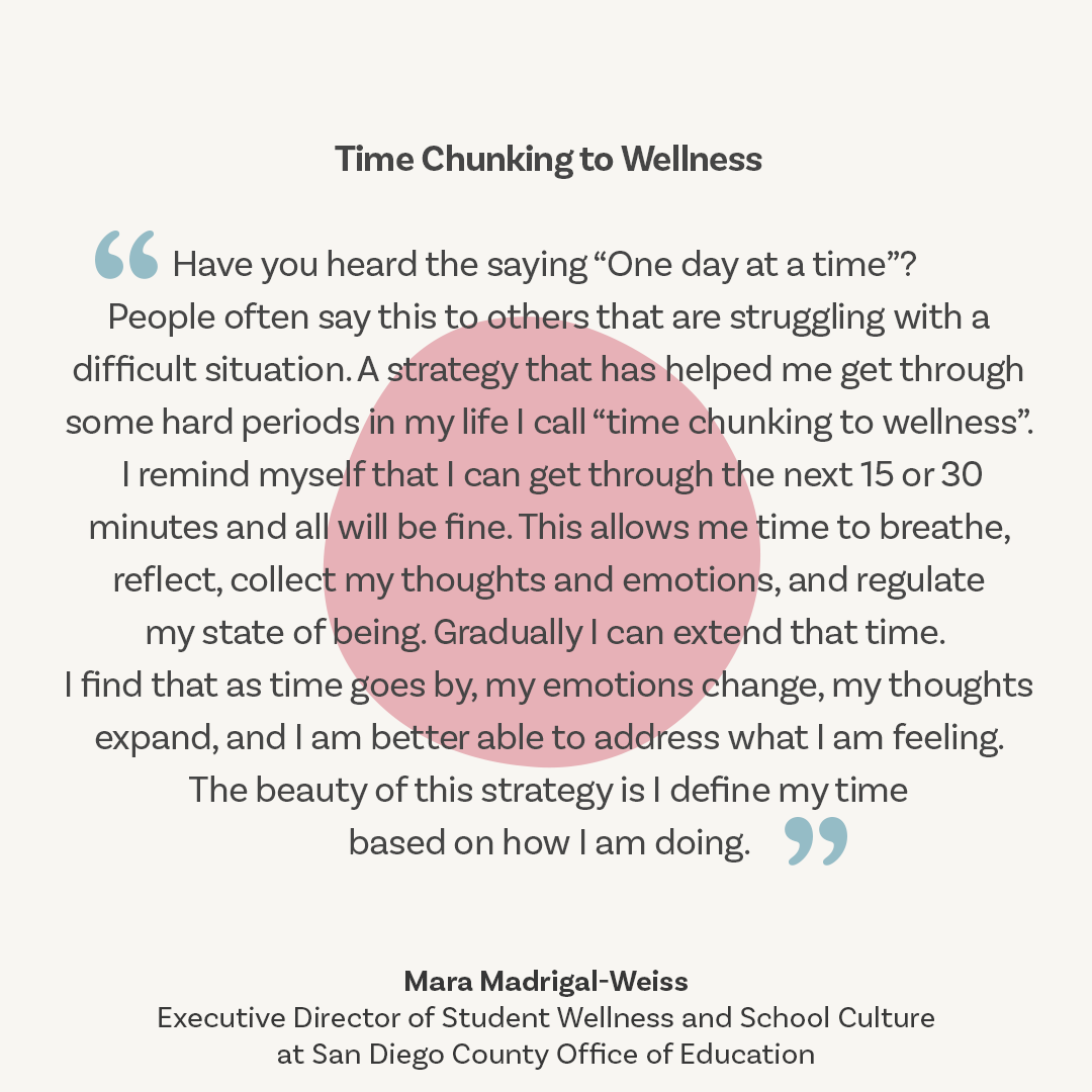 CAschoolsVEBA's tweet photo. Mara Madrigal-Weiss from @SanDiegoCOE shared with us her strategy of “time chunking to wellness” as one of her ways to self-regulate when in a difficult situation.

#ItTakesJust5Minutes #MentalHealthMonth #selfregulation #VRC #centeredaroundyou https://t.co/wfQO860QYG