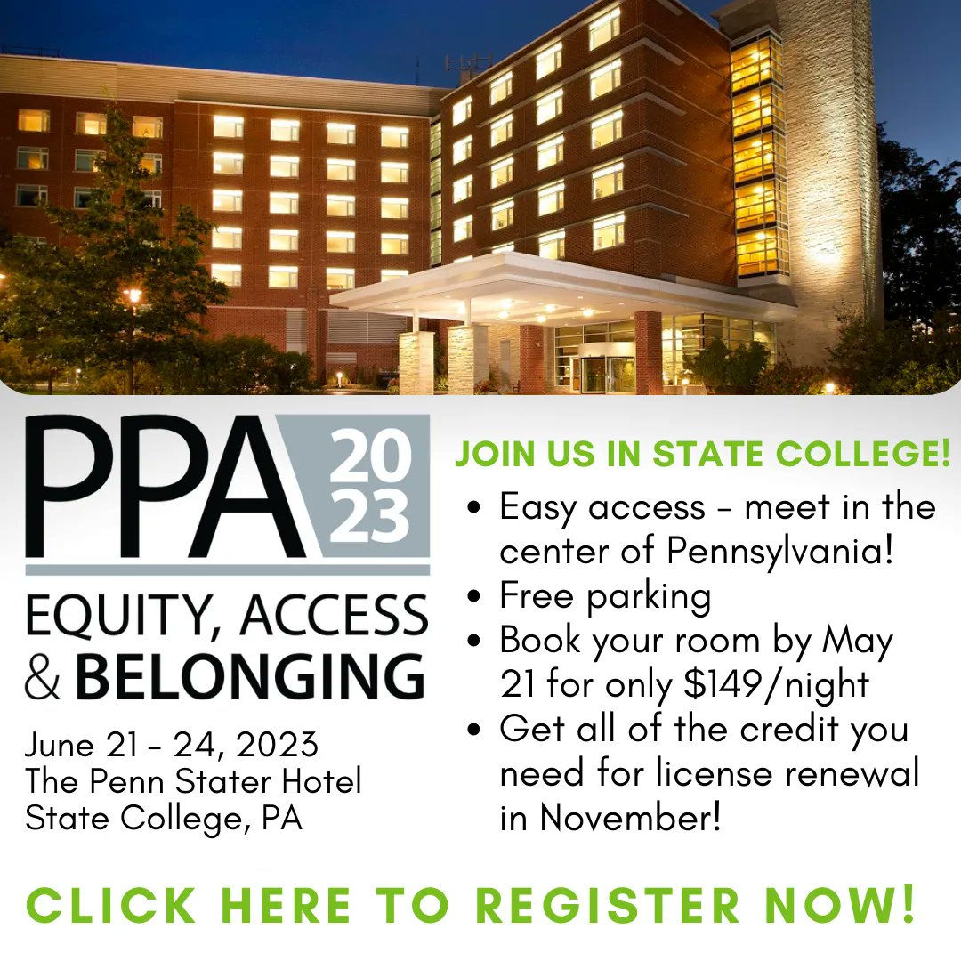 PPA2023 is taking place in State College! Easy to access and includes the bonus of free parking, low-cost sleeping rooms, and is the perfect setting for this year's Convention. Get more information, register, or make your hotel room reservation here: buff.ly/3zu6wq0