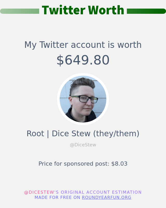 My Twitter worth is: $649.80

➡️ funroundy.online/twitterworth