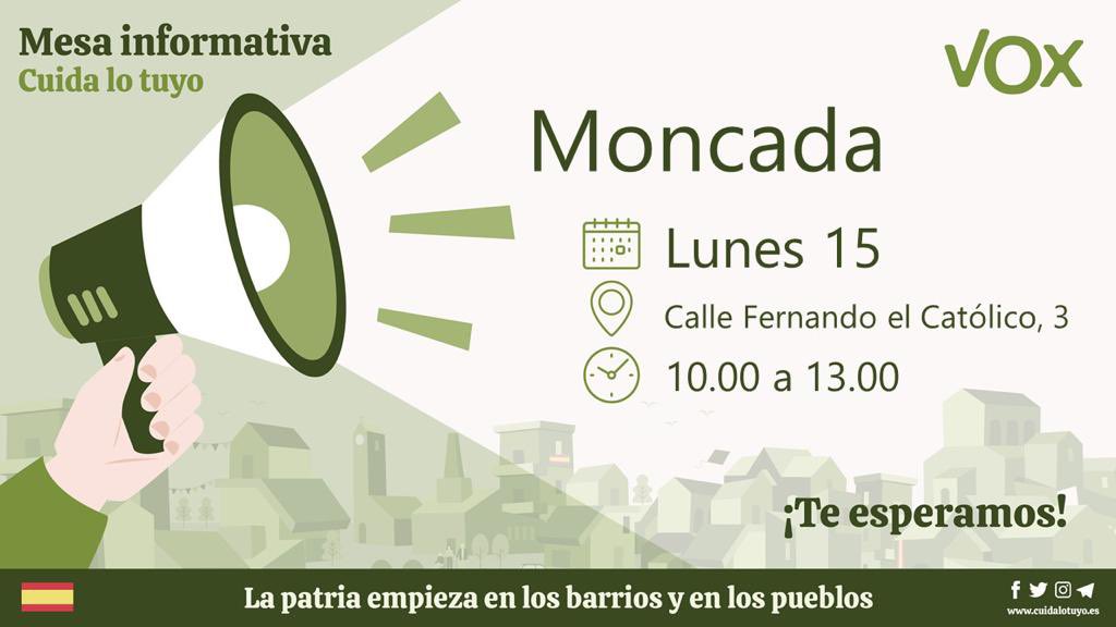 VOX_Moncada's tweet photo. Os recordamos las mesas informativas de la próxima semana ⬇️
#cuidamoncada
#CuidaLoTuyo https://t.co/yyjlOm8lvz