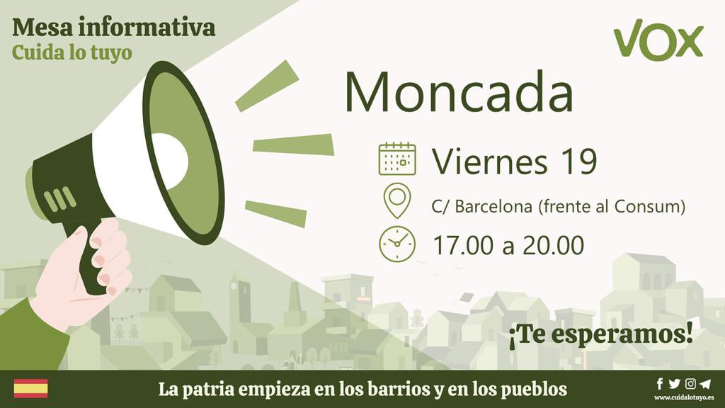 VOX_Moncada's tweet photo. Os recordamos las mesas informativas de la próxima semana ⬇️
#cuidamoncada
#CuidaLoTuyo https://t.co/yyjlOm8lvz