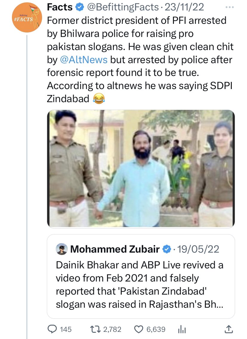 BefittingFacts's tweet photo. @zoo_bear Since when @AltNews started waiting for forensic report?

Here your partner @free_thinker refusing to accept forensic report which led to arrest of PFI leader.

You should have faith in your blind followers and fool them with your article. dont worry, they wont read it anyway😂 https://t.co/EFN8cwGTzI