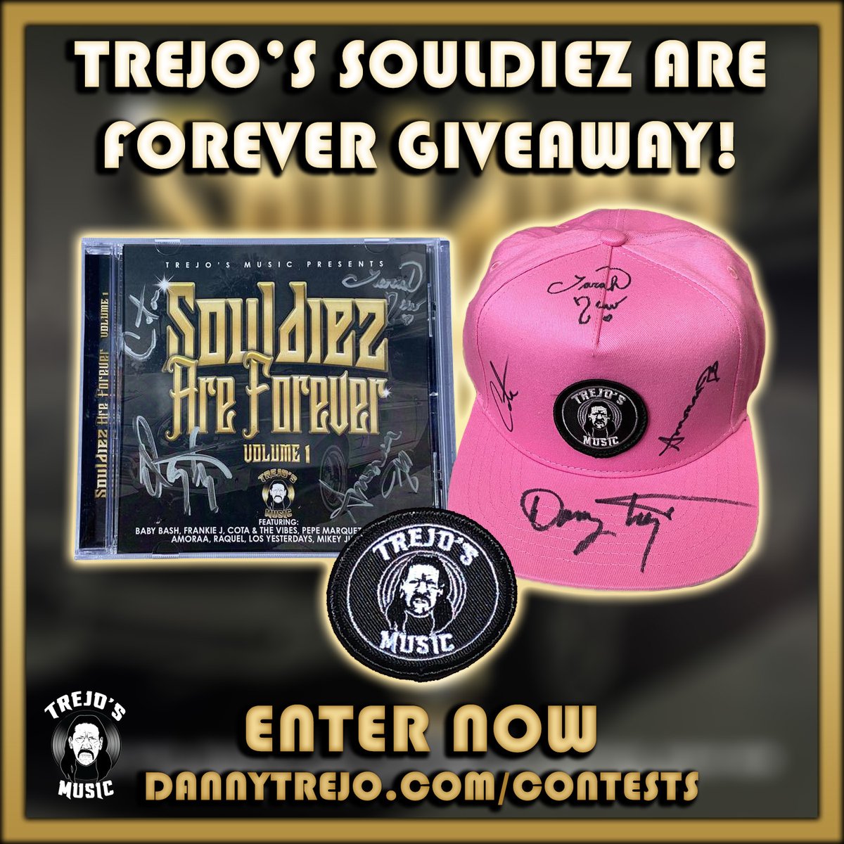 Join Trejo's Souldiez Are Forever Giveaway! 10 Lucky Winners will win a #TrejosMusic Hat & Souldiez Are Forever CD signed by #CotaTheBarber @tarahnew @amoraajofficial & @officialDannyT & a Trejo's Music Patch! Multiple ways to Gain Entries, Enter Now: dannytrejo.com/contests