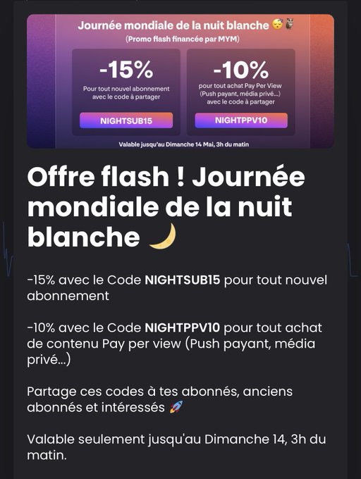 🚨 ALERTE PROMO ‼️  🎁 MYM t'offre -15% jusqu'&agrave; dimanche 3h00 alors d&eacute;p&ecirc;che-toi !!! 😉  🔥 Profite de cette
