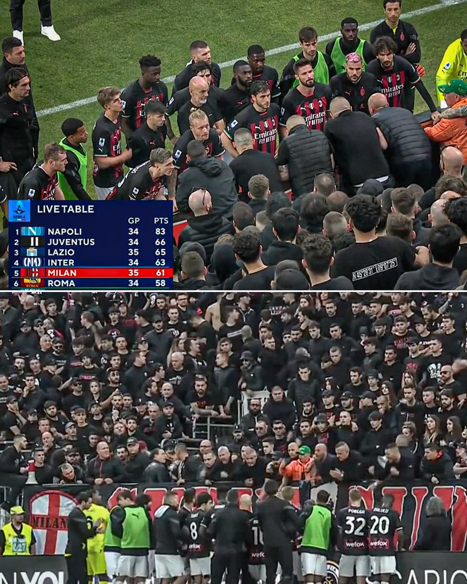 ESPNFC's tweet image. AC Milan talking with their ultras after their 0-2 loss to 18th-place Spezia 👀