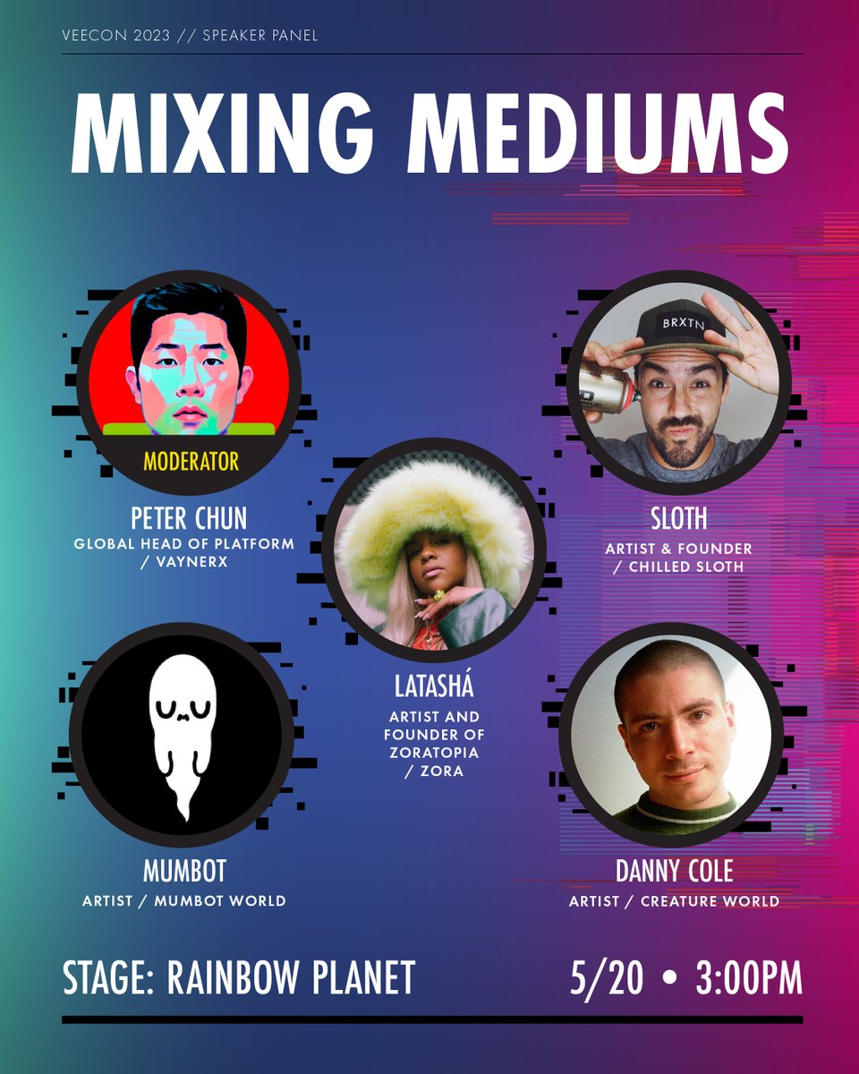 veecon's tweet photo. 3:00 PM — 3:30 PM
“Mixing Mediums” panel featuring SLOTH (@iamsloth), LATASHÁ (@CallMeLatasha), MUMBOT (@mumbot), Danny Cole,(@dannycoleee) moderated by Peter Chun (@chunp) https://t.co/AR4ylQw2Um