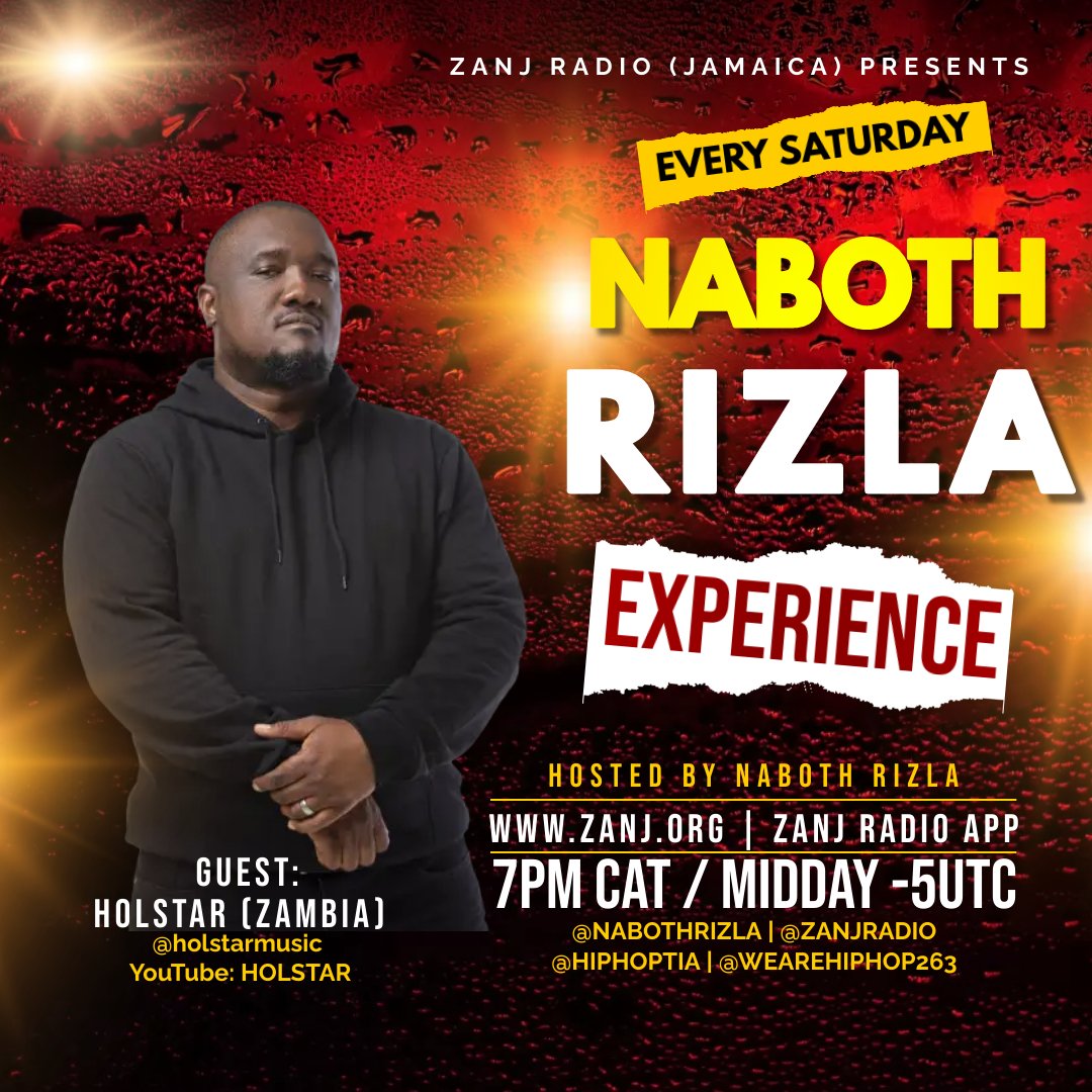 Tune in right now Sat 7-9pm CAT as we continue to celebrate 5 years of #nabothrizlaexperience w/ <a href="/nabothrizla/">Naboth RIZLA</a> on <a href="/ZANJRADIO/">ZANJ RADIO</a> #Jamaica w/ THE Legendary @holstarmusic #Zambia , <a href="/djmellowt/">DJ Mellow T</a> plus fresh #africanhiphop to the world 🙏🏿 zanj.org #hiphoptia
