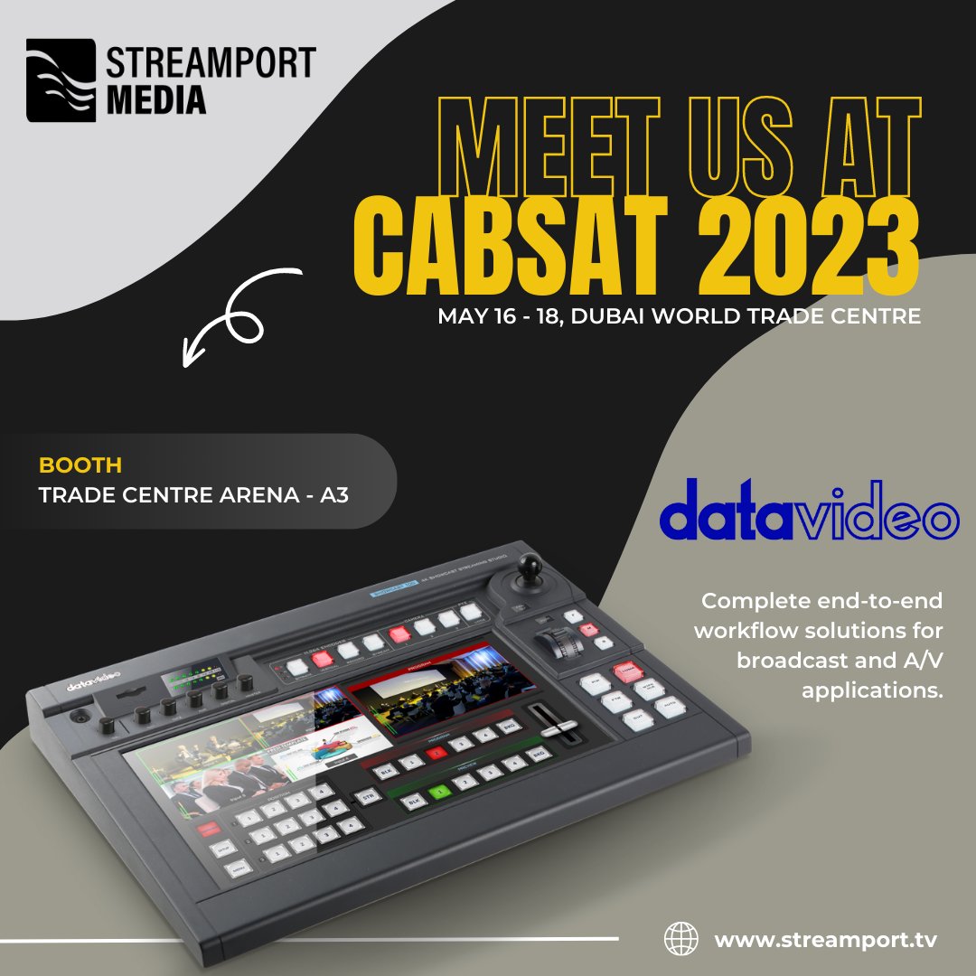 Join us at <a href="/CABSATofficial/">CABSAT Official</a> 2023 &amp; discover the power of <a href="/DatavideoEurope/">Datavideo EMEA</a>'s end-to-end live video solutions with StreamPort Media! From cameras to switchers &amp; everything in between, explore the possibilities at booth A3 in Trade Centre Arena.