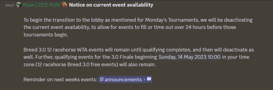 🚨ZED.RUN UPDATE🚨

+ Current Event Availability

ZED.RUN <a href="/zed_run/">zed_run</a> #playZED <a href="/zedtoken/">$ZED On Base</a> #zedrun #zedcontent <a href="/stackednaks/">SNPro</a> <a href="/hawku_com/">hawku</a> #ZLEAD <a href="/ZedRacerDotCom/">ZedRacerDotCom</a> <a href="/Spotonparts/">DanShan</a> <a href="/SangudoStables/">Sangudo Racing</a> <a href="/blockquarryco/">BlockQuarry Corp</a> #NFT #ETH #P2E #Web3Gaming <a href="/i64StudioNFTs/">64World | OSG x GambaDemon 🎰</a>