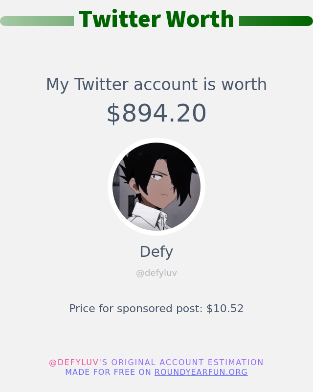 defyluv's tweet photo. My Twitter worth is: $894.20

➡️ https://t.co/lZL76CrmEM https://t.co/9ColHjgbAy