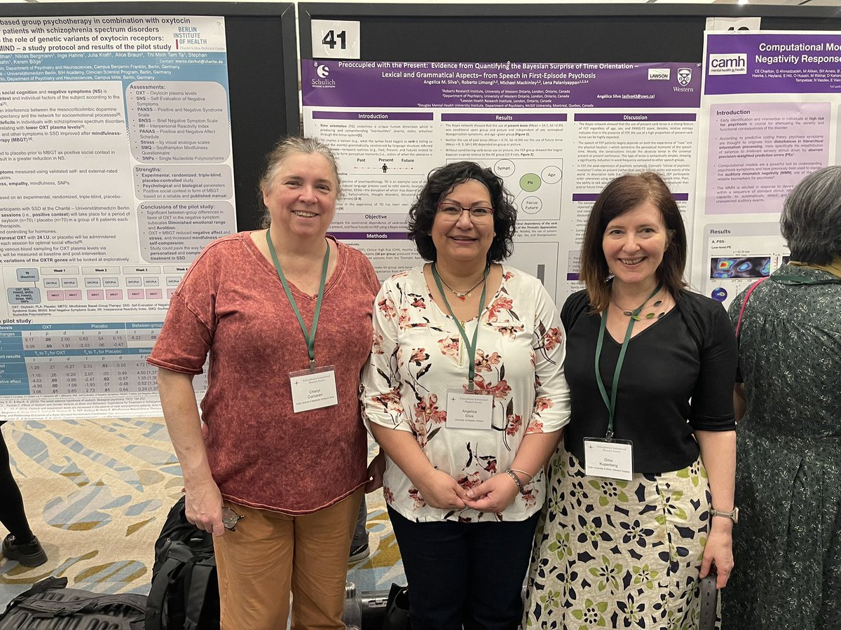 amsilvaq's tweet photo. Presenting my poster at SIRS2023 Toronto-Canada. I had a wonderful experience with the audience.
But two incredible woman made my date: Cheryl Corcoran (on the left) and Gina Kuperberg (on the right). Their works in schizophrenia, mechanisms, and language markers are outstanding. https://t.co/Lp9qQRL8CJ