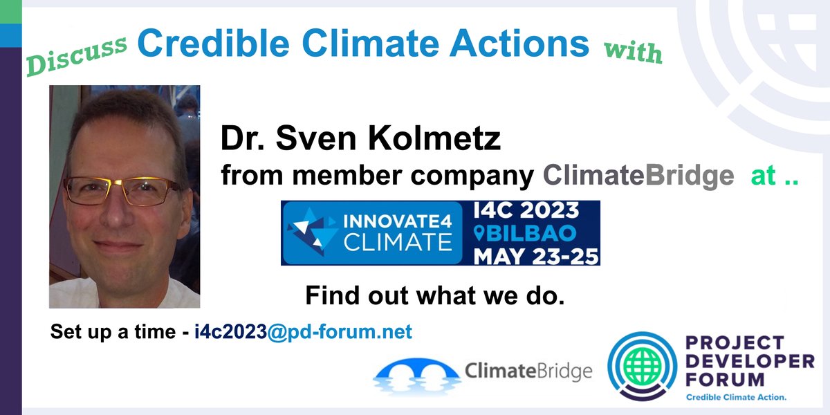 Meet Dr. Sven Kolmetz from member company @climatebridge at #Innovate4Climate ( innovate4climate.com ). 
Find out what we do to accomplish #ClimateActions. Set up a time - i4c2023 (at) pd-forum.net 

#Climate @WildlifeWorks @YouthClimateLab @CarbonCredits @DinahVP