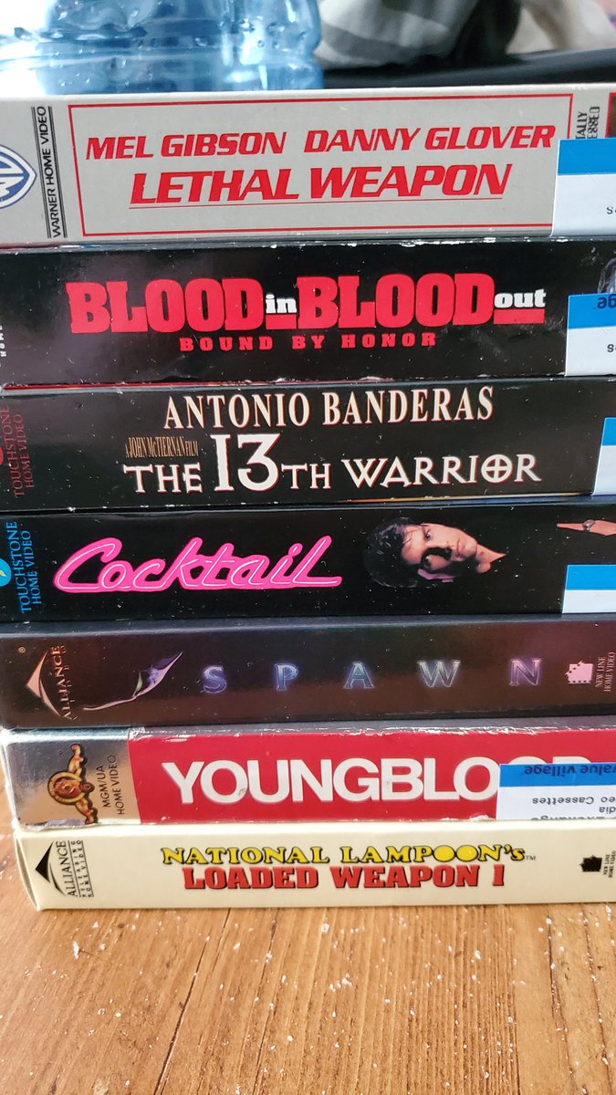 chaos2594's tweet photo. New pick ups at thift store #VHS #LethalWeapon1 #BloodinBloodout #13thWarrior #Cocktail #Spawn #Youngblood #LoadedWeapon1 https://t.co/FEJve8gDXn
