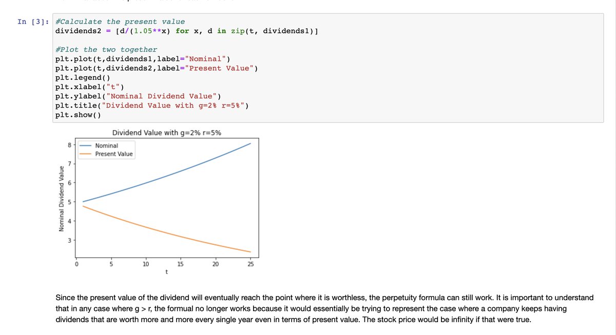 FinancePython's tweet image. How does the value of a dividend change with rates and growth rates? Below is just one image showing the process. Access the free text based course at financeandpython.com/courses/basic-… or the video series at udemy.com/course/basic-f…. #DataScience #Finance #Python #Coding #Programming