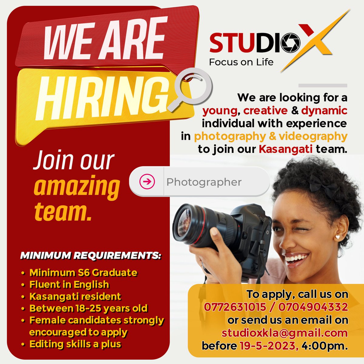 StudioX_Uganda's tweet photo. WE ARE HIRING!!!

To apply, call us on0772631015 / 0704904332or send us an email onstudioxkla@gmail.combefore 19-5-2023, 4:00pm.

#job #work #jobs #jobsearch #business #career #hiring #love #recruitment #o #instagood #employment #life #motivation #instagram #jobseekers #loker https://t.co/qvxhI1GYjC