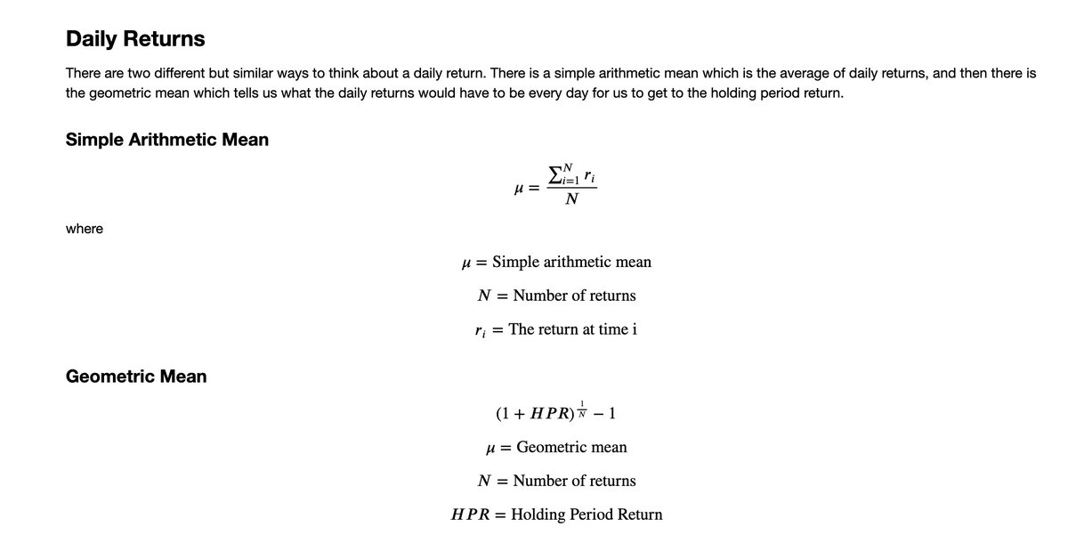 FinancePython's tweet image. Did you know there is more than one way to think about daily returns? Access the free text based course at financeandpython.com/courses/basic-… or the video series at udemy.com/course/basic-f…. #DataScience #Finance #Python #Coding #Programming #MachineLearning