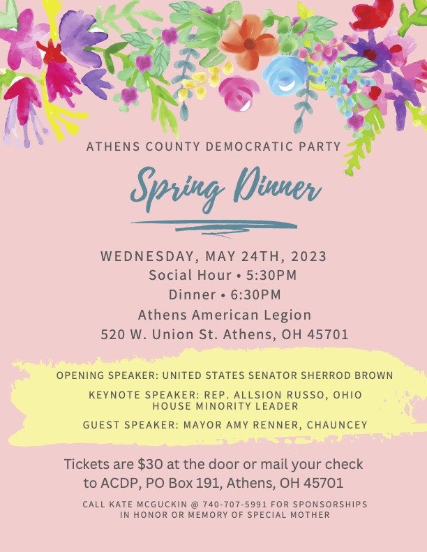 AthensDems's tweet photo. Folks our spring dinner is coming up, speakers are @SenSherrodBrown @Russo4Ohio & Amy Renner-Hudson/Mayor of Chauncey. Should be an good time and more information is below on the filer folks. #springdinner2023 #ohiodems #ACDPOH https://t.co/VL0e6Zej6L