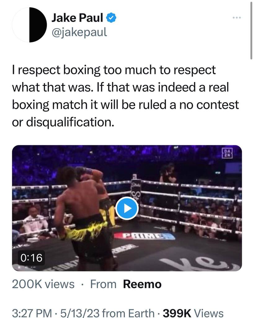 Boxingego's tweet photo. Jake Paul seemingly not impressed after KSI scores a “knockout” off of an illegal elbow and forearm blow on DAZN PAY-PER-VIEW #throwdembows #southernhospitality #luda #ludacris #EGO https://t.co/q9PwoRopiJ https://t.co/UrtQggpqQ4