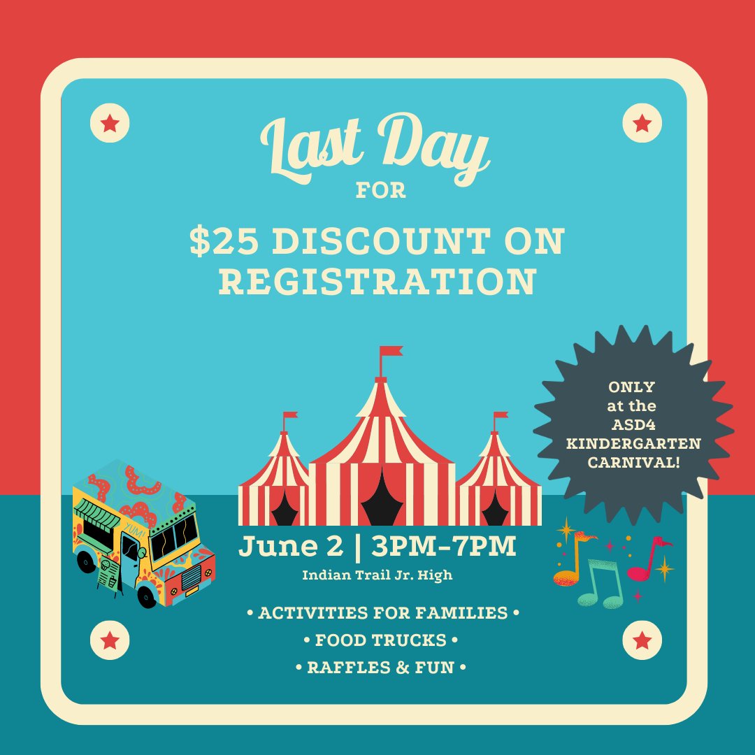 LakeParkASD4's tweet photo. ASD4 Families are invited to the Kindergarten Carnival!  On June 2nd only, all returning students who have not yet registered will be eligible for the $25 discount!  There will also be food trucks, entertainment and fun for the whole family!  #ASD4ALL https://t.co/oW5PFAO66F