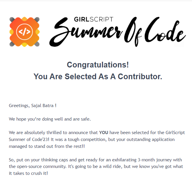 sajalbatradev's tweet image. Excited to share the news! I&apos;ve made it to GirlScript Summer of Code&apos;23!
#CodeForChange #GSSoC23 #OpenSource #Collaboration #Empowerment #TechCommunity #opensourcesoftware #opportunity #coding #experience #growth #share #development #event #like #students #grateful #team #twitter