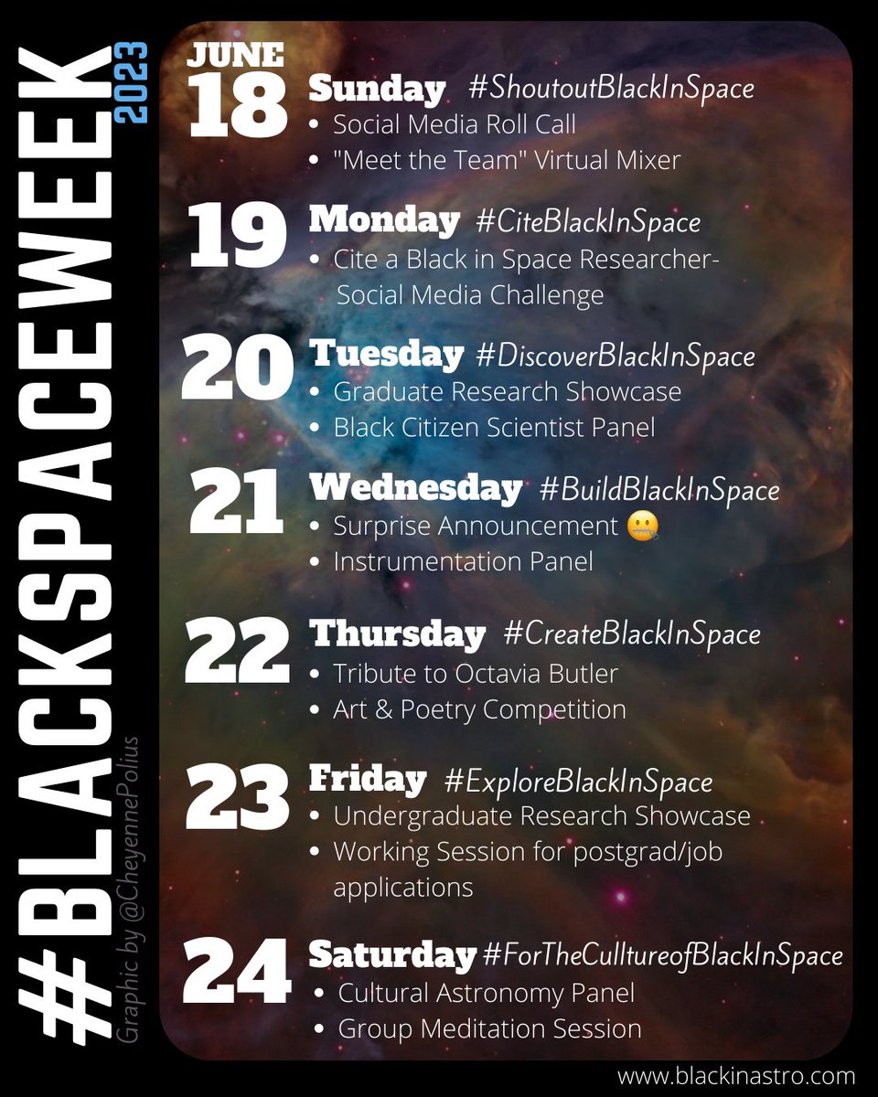 BlackInAstro's tweet photo. We are officially a month away from #BlackSpaceWeek and we are buzzing! We can't contain our excitement for all what we have planned so here's our calendar of events! 

More info on these and links to register will be out very soon! Can you guess what the surprise will be? https://t.co/ccMsJaI8Ia