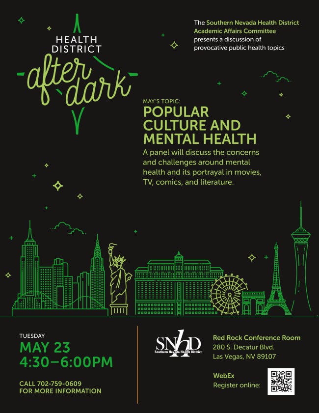 Registration is now open for the next Southern Nevada Health District After Dark (HDAD) on popular culture and mental health. 

MAY 23, 2023 4:30 - 6:30 PM at Red Rock Conference Room 
bit.ly/3MkAqEH.  

#mentalhealth #together4MH #morethanenough #stigmafree