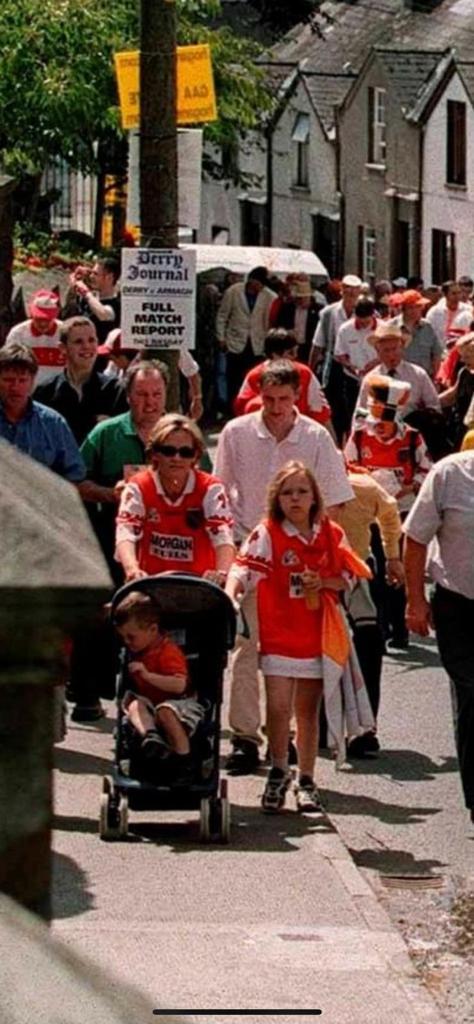The 1999 Ulster final and the walk up the hill made by Suzanne and Megan Burns. In the pram, one Jarlath Óg Burns, off to see his father lift the Anglo Celt Cup as Armagh captain. The boy in the pram might get his own tomorrow
