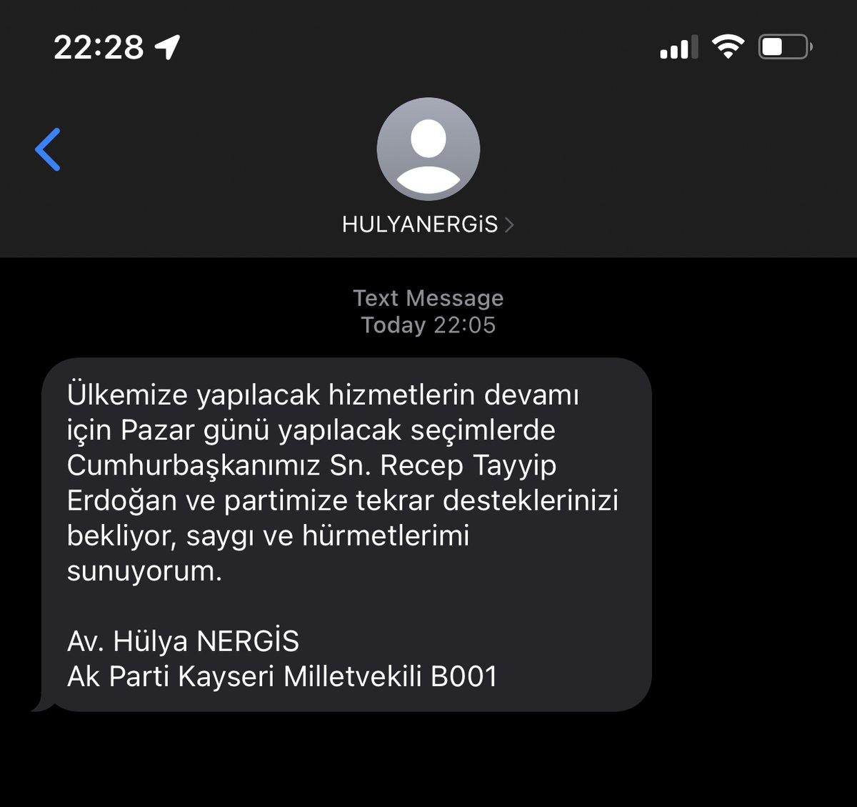 Akp Kayseri Milletvekili Avukat Hülya Nergis, az önce saat 22:05'te gönderdiği propaganda SMS'i ile, saat 18:00'de başlayan seçim propaganda yasaklarını şüphe dahi bırakmadan delmiştir.

Hakkında gerekli yasal işlem yapılacak mı?

Desteğinizi bekliyorum <a href="/fatihaltayli/">Fatih Altayli 🔴🇹🇷</a>,