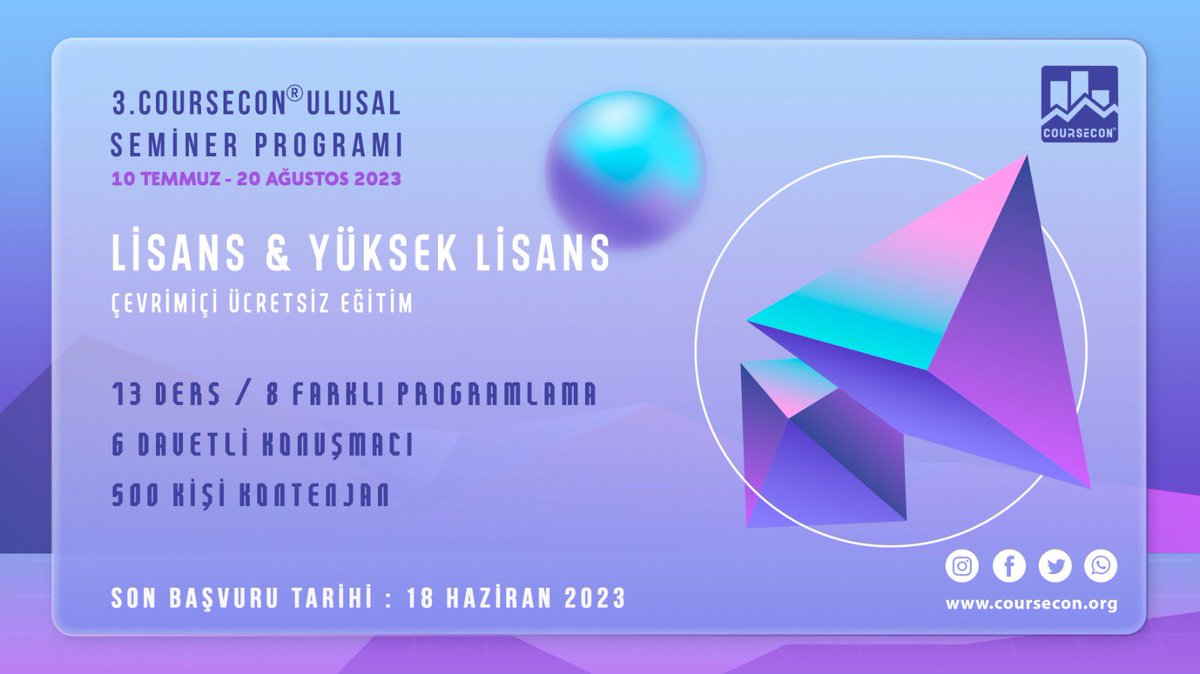 gencekonomistlr's tweet photo. 📌3. CoursEcon®️| Ulusal Seminer Programı

⚠️Son Başvuru: 18 Haziran 2023 ‼️

🛎10 Temmuz - 20 Ağustos 2023

📚13 Ders

🏛8 Farklı Program

👩‍🏫🧑🏻‍🏫6 Davetli Konuşmacı

✏️Lisans / Yüksek Lisans

🔑Kontenjan: 500 Kişi

⚖️Ücretsiz /Çevrimiçi

Detaylar⤵️
🔗https://t.co/csPIS7l3P9 https://t.co/Ydw3wb748J