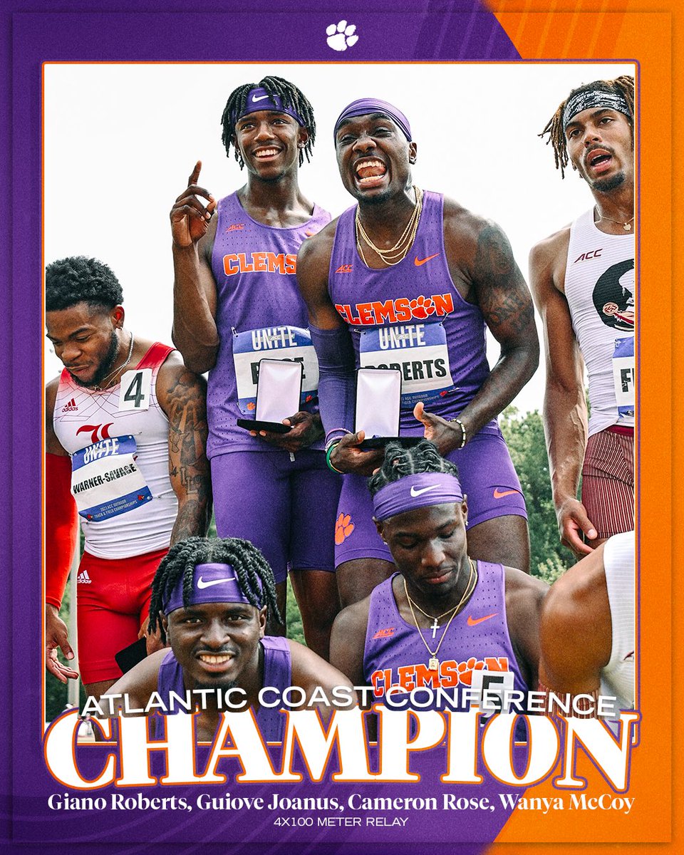 ClemsonTrackXC's tweet photo. Conference CHAMPS 🏆

The men’s 4x100 meter relay runs a SCHOOL RECORD 38.69 to take home the gold!! https://t.co/xH6ILoNdb4